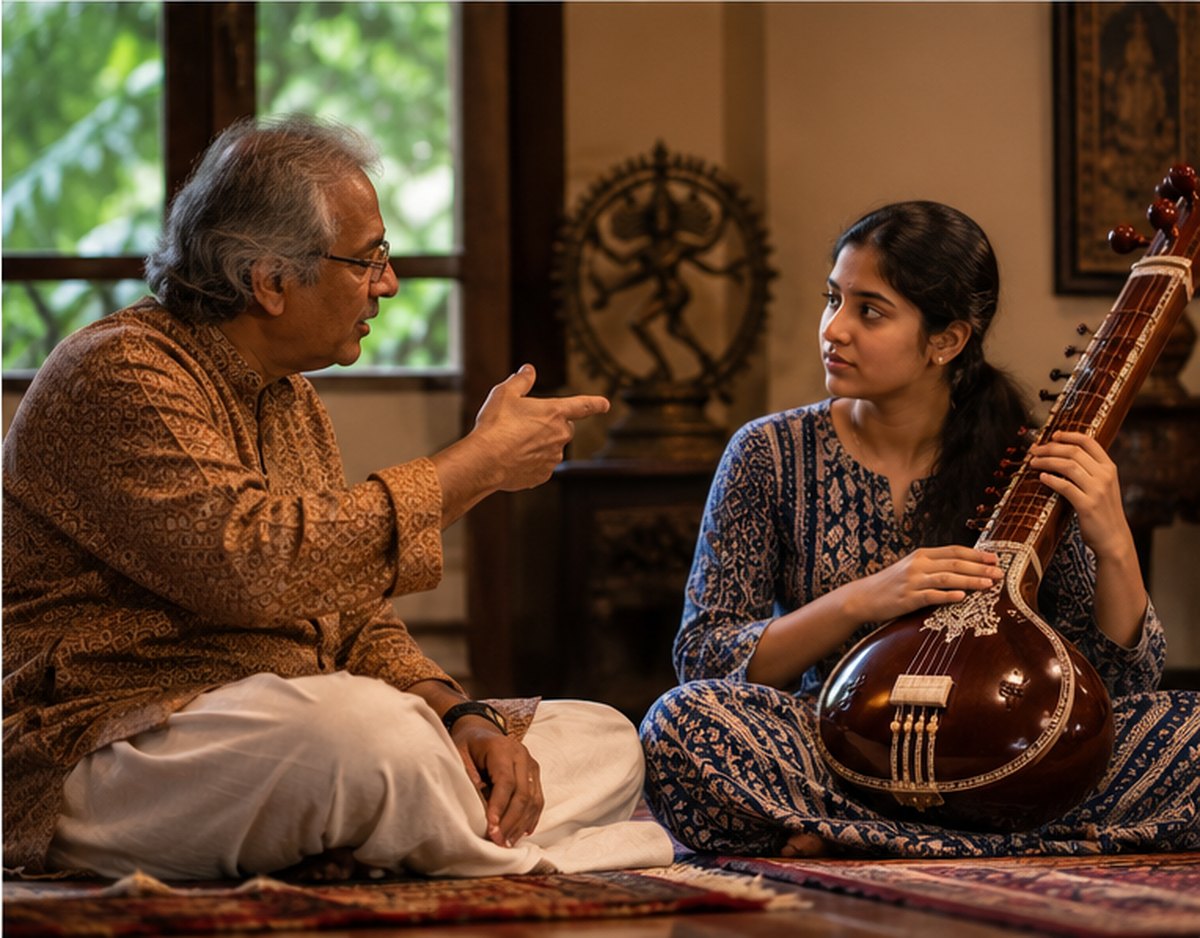 An ISOM guru teaching a young student face to face in the guru-shishya tradition