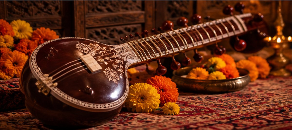 A sitar resting on a carpet among marigold flowers
