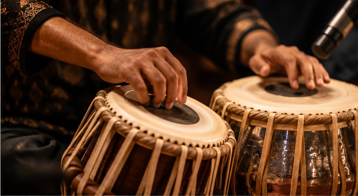 Close-up of hands mid-stroke on a pair of tabla