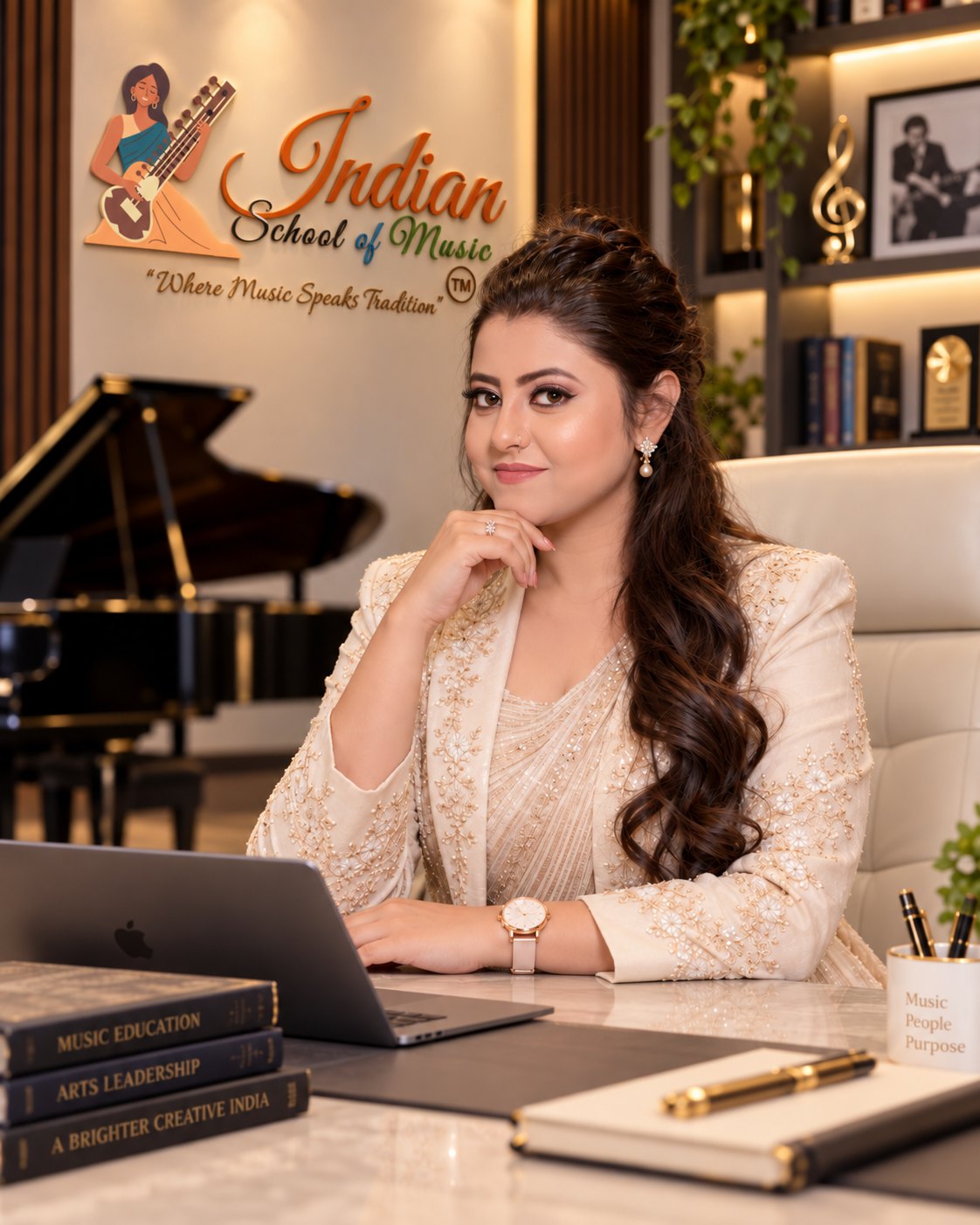 Riya Chatterjee — Founder & CEO of Indian School of Music at her desk
